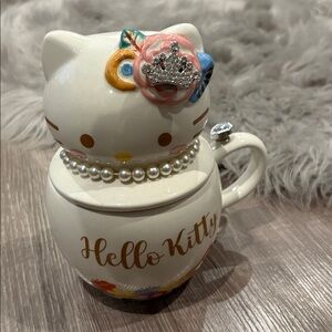 Hello Kitty Pearl Adorned Mug with Crown and Floral Accents